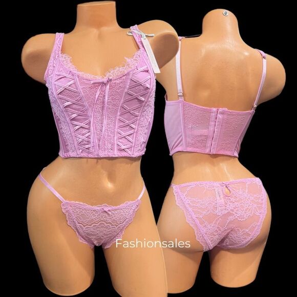 Victorias Secret Dream Angels Lace-up Corset Top Bra & String Bikini Set Pink - Picture 6 of 6